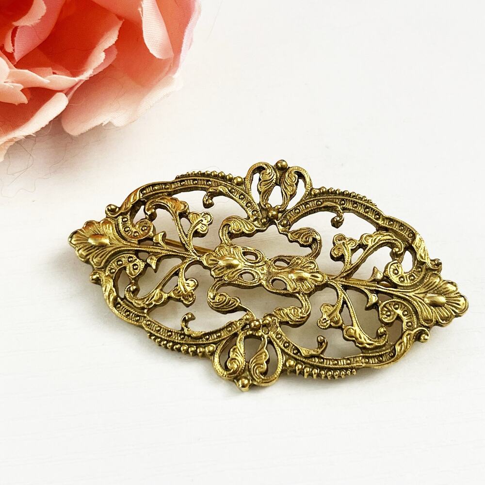 1928 Brand Vintage Filagree Gold Tone Victorian Style Brooch Pin